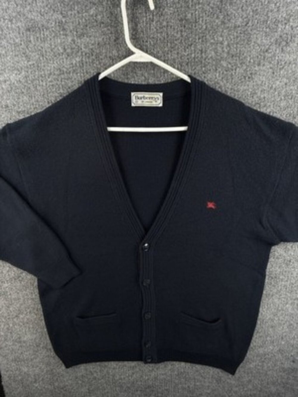 Burberry Navy Blue Cardigan V-Neck Sweater Logo 8 Men Solid Knit Long Sleeve